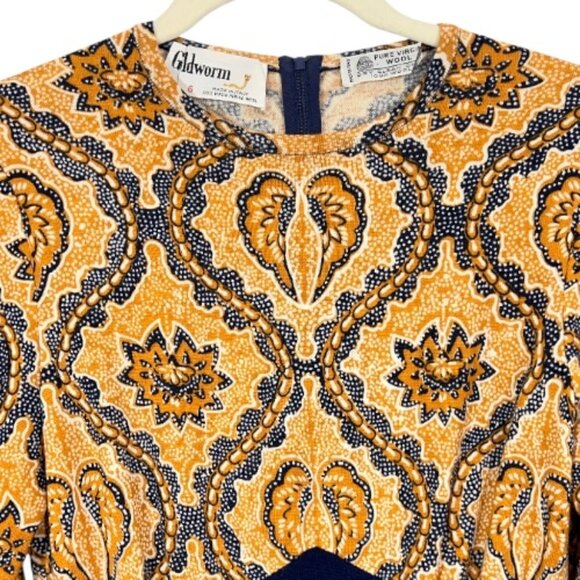 Vintage Goldworm Wool LS Print Maxi Dress Orange / Blue Size 6 Pre-Loved - Picture 2 of 6